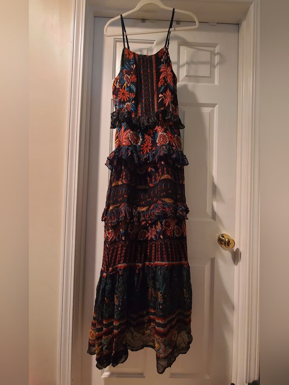 FARM Rio - Boho Black Fruit Tiered Floral Maxi Dress - L